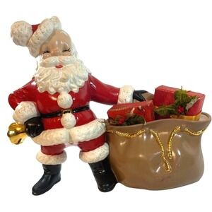 Vintage Santa Claus Ceramic Figurine Jolly St Nick Gift Bag Bell Hand Painted